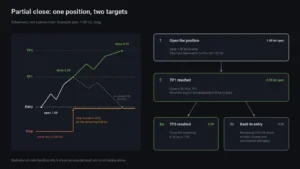 Diagram of a partial close: half the position closed at the first target, stop moved to entry for the rest