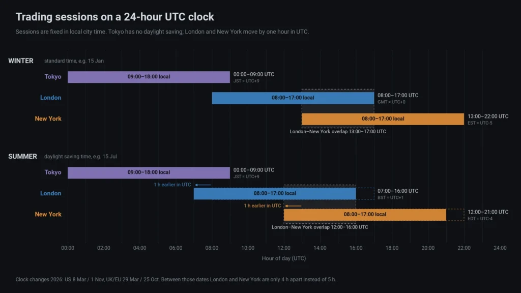 Tokyo, London and New York session times on a 24-hour UTC clock in winter and summer